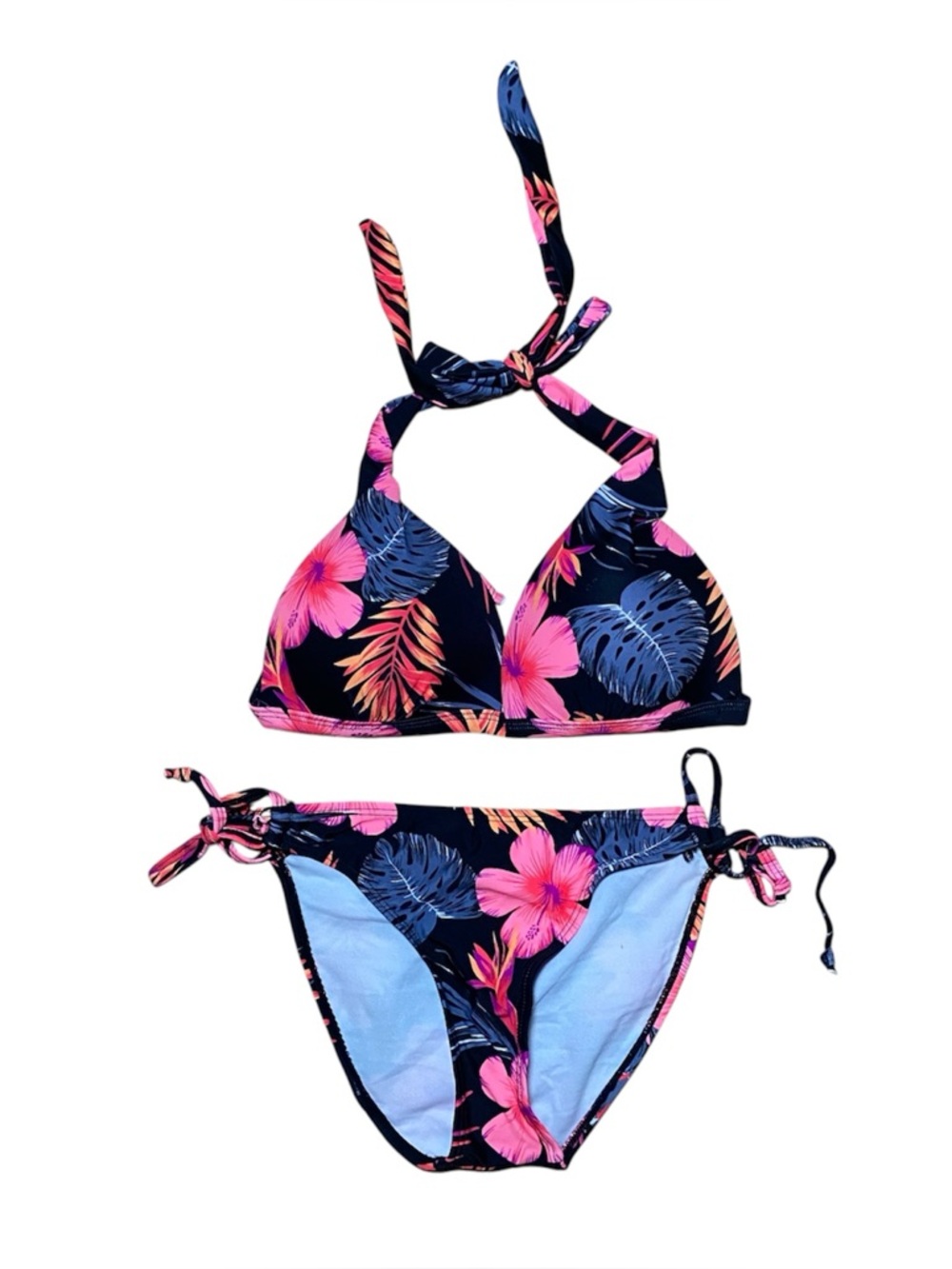 Boohoo Tropical Floral Moulded Push Up Triangle Bikini Set Size 6 NWT Black Pink - Picture 3 of 6